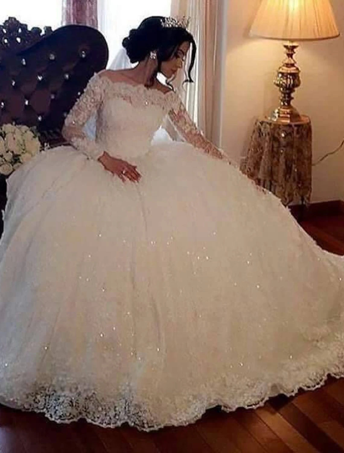 Buyishang Engagement Formal Wedding Dresses Ball Gown Off Shoulder Long Sleeve Floor Length Lace Bridal Gowns With Beading Sequin